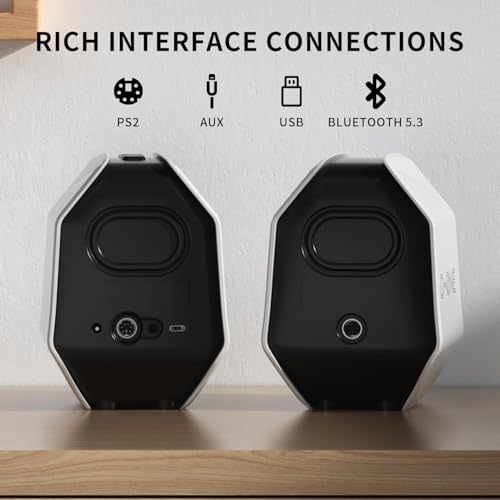 Computer Speakers for Desktop PC, Gaming PC Speakers for Desktop – USB-C, Bluetooth 5.3, 3.5mm AUX, AC Powered External Audio with Rich Stereo bass, Laptop/Mac, RGB Lights, White, 30W - color: White