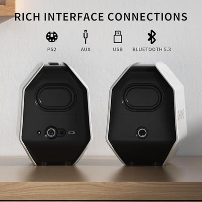 Computer Speakers for Desktop PC, Gaming PC Speakers for Desktop – USB-C, Bluetooth 5.3, 3.5mm AUX, AC Powered External Audio with Rich Stereo bass, Laptop/Mac, RGB Lights, White, 30W - color: White