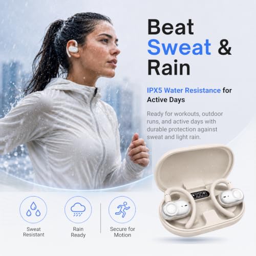 Open Ear Earbuds Bi-Axial Custom Fit Immersive Sound Wireless Headphones | Over The Ear Bluetooth Ear Buds Waterproof Long Battery for Running Outdoor Sports Travel Conference - OpenBass Fit White - color: Cream White