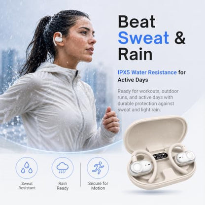 Open Ear Earbuds Bi-Axial Custom Fit Immersive Sound Wireless Headphones | Over The Ear Bluetooth Ear Buds Waterproof Long Battery for Running Outdoor Sports Travel Conference - OpenBass Fit White - color: Cream White