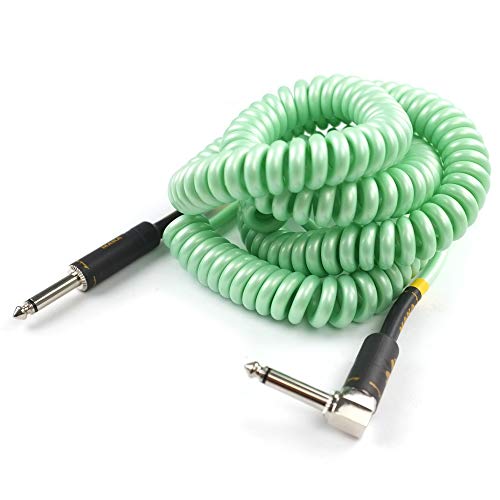 Premium Guitar Coil Cable 30 Feet, Instrument Coiled Curly Cord for Guitar Bass, 1/4 inch Right Angle to Straight, Surf Green - size: 30' (Surf Green)
