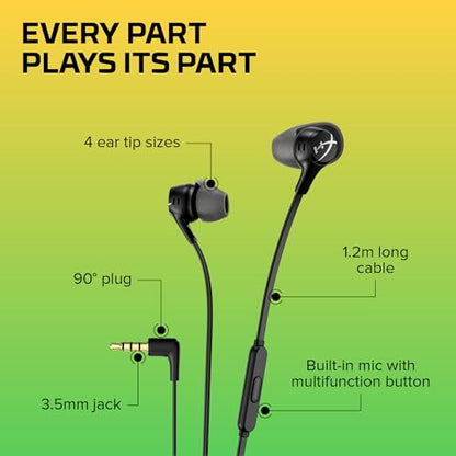 HyperX Cloud Earbuds II – 14mm Drivers, Four Eartips, Hard-Shell Carrying Case, Low-Profile 90° Plug, 3.5mm Plug, Built-in Microphone, Multi-Function Button, PC, Mobile, Nintendo Switch – Black - color: Black