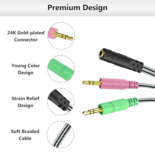 Headphone Splitter for Computer CTIA 3.5mm TRRS Female to 2 TRS Male | Braided Mic Audio Jack Y Adapter Headset Splitter Cable for PC, Laptop to Gaming Headset - 8inch/20cm - size: 1 Pack / 0.6 Feet