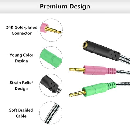 Headphone Splitter for Computer CTIA 3.5mm TRRS Female to 2 TRS Male | Braided Mic Audio Jack Y Adapter Headset Splitter Cable for PC, Laptop to Gaming Headset - 8inch/20cm - size: 1 Pack / 0.6 Feet