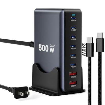 500W Fast Charging 8 Port USB C Charger Block with Nylon Fast Charging Cable, Multi-Device Charging Station Wall Desktop Charger with GaN Ⅲ Technology, USB-C Charger Adapter for MacBook/iPad/iPhone 17 - size: 500W+240W Fast Charging Cable Braided Nylon