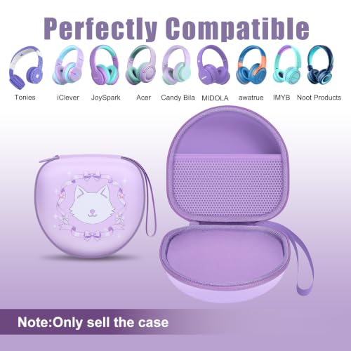 Kids Headphones Case for Tonies/iClever Etc Headphone,Cat Purple,Case Only | for iClever BTH12 HS19 BTH20 BTH22 BTH26/Candy Bila/Acer/JBL Junior 320/MIDOLA/JoySpark/ADOOPE Etc Girls Boy Kid Headphone - color: Cat Purple