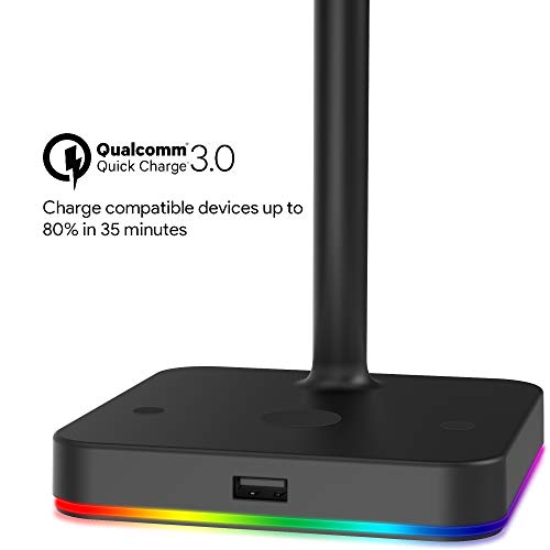 KAFRI RGB Dual Headphone Stand with Wireless Charger Desk Gaming Double Headset Holder Hanger Rack with 10W/7.5W QI Charging Pad and QC 3.0 USB Port - Suitable for Gamer Desktop Table Game Earphone - color: Black- Dual