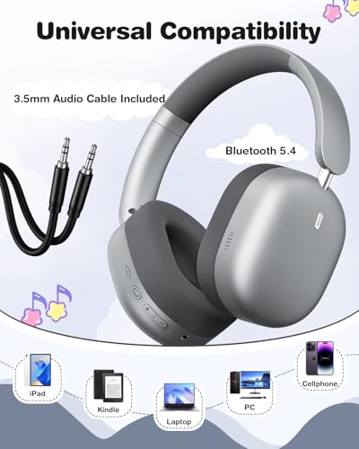 Wentronic Kids Headphones Wireless Bluetooth 5.4,Foldable Over Ear Headphones with 3.5mm Wired Mode,Safe Volume Limit,48H Playtime,Clear Calls,HD Sound for Toddlers/Children/School/Travel,Space Grey - color: Space Grey