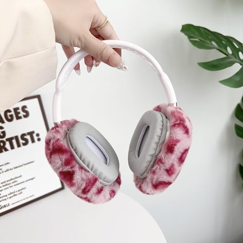 Fluffy Plush Case for AirPods Max Headphones, Cute Furry Fur Ear Cups Skin Soft Slicone Protective Cover for AirPods Max(Pink Leopard) - color: Pink Leopard