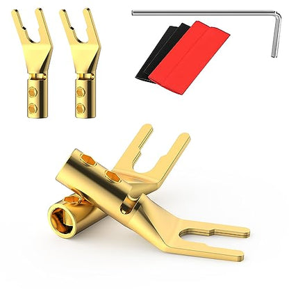 4PCS Spade Connectors,45 Degree Pure Copper Audio Fork Y Spade Plug DIY with Heat Shrink Tubing and Hex Wrench, Double Screw Locking Speaker Cable Plugs for Speaker Cables (Gold Plated) - color: Gold Plated with Heat Shrink Tube