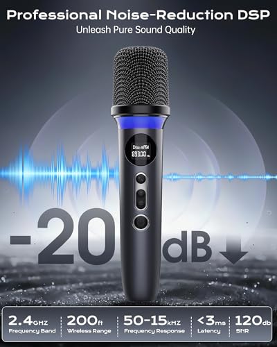 Wireless Microphone, One-Touch Mute & Dynamic RGB Lighting, Professional-Grade Dual Handheld Dynamic Microphone, 200-Foot Ultra-Long Range & 40-Hour Battery Life. for Singing and Family Gatherings.