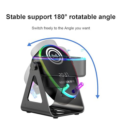 5-in-1 Induction Bluetooth Speaker with RGB Light Phone Stand | ABS mesh speaker delivers 360° surround sound with colorful lights for party and gaming use - color: Black (5 in 1 )