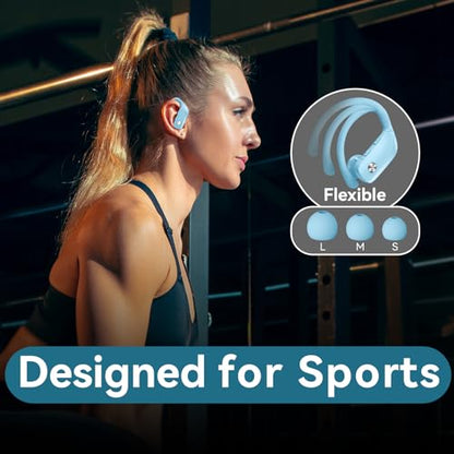 bmani Ear Buds Wireless Earbuds Bluetooth Headphones with 80H Playtime LED Display Case, Over-Ear Hook with Mic, Stereo Sound, Easy Button Controls, Sports Earphones for Running Workout Sky Blue - color: Sky Blue, style: Standard