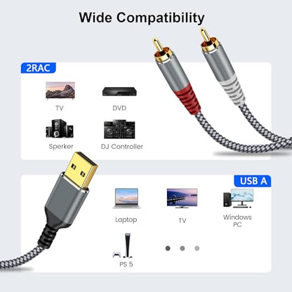 Compatible with USB to RCA Audio Cable,16FT USB to 2RCA Male Stereo Y Splitter Adapter for USB A Laptop, Linux, Windows, Desktops, PS4 and Amplifiers, Home Theater, Speaker, Grey - size: 16FT