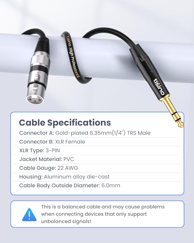 Tisino Female XLR to 1/4" TRS Balanced Stereo Microphone Cable, 3.3FT/1m | 6.35mm Stereo Jack 1/4" to XLR Female Balanced 3-PIn XLR Cable for Studio Mixer, Speaker, Gold-Plated OFC Audio Cord - size: 1m/3.3ft