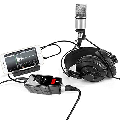 V2 XLR Female to 3.5mm TRS TRRS Adapter Cable for Shotgun or Condenser Rode Sennheiser Microphone, Mic Preamp with 48V Phantom Power Supply for iPhone iPad DSLR Camera (Not for Canon T5, 6 7)