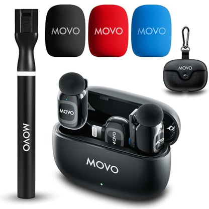 Movo NanoMic Dual Lightning Wireless Microphone for iPhone 14 and Below– Lavalier Mic for iPhone, Great for Vlogging, TikTok, Content Creation w/WMX-HM2 Wireless Handle