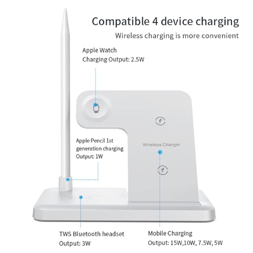 Wireless Charging Station Charger Stand - 4 in 1 Wireless Charger 15W Fast Charging Stand for iPhone 8-16 Series, for iWatch 2-10 Series/Ultra/SE, for AirPods4/3/2/Pro, for Apple Pencil 1st Generation