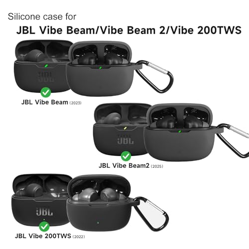 Silicone Case for JBL Vibe Beam 2, JBL Vibe Beam, JBL Vibe 200TWS True Wireless Headphones, Premium Shockproof Case Cover with Carabiner.(Black) - color: Black