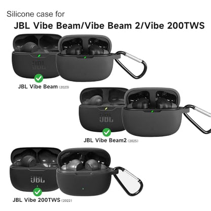 Silicone Case for JBL Vibe Beam 2, JBL Vibe Beam, JBL Vibe 200TWS True Wireless Headphones, Premium Shockproof Case Cover with Carabiner.(Black) - color: Black