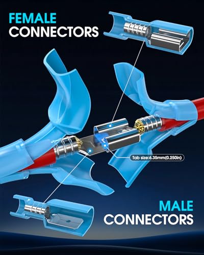 50 Pcs Electrical Male& Female Spade Connectors, 22-16 16-14 12-10 AWG Gauge Wire Connectors Nylon Fully Insulated Spade, Terminal Connectors Quick Disconnect for Speak
