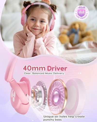 awatrue Kids Bluetooth Headphones, 85dB Volume Limiter, Pink HK02 | Foldable Wireless, Bluetooth 5.4, 75H Playtime, Built-in Mic, for iPad & Travel - color: Pink