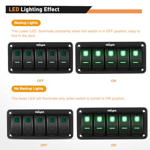 Nilight 5 Gang Rocker Switch Panel SPST On Off Toggle with DIY Label Sticker | 5PIN Electrical 12V/20A 24V/10A Aluminum Plate with Pre-Wired Jumper Wires for LED Light Bar RV Boats 4X4 Cars Green - color: Green, size: 5 Gang