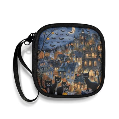 Portable Small Square Storage Pouch for Earbuds in-Ear Headphones Earphones Hearing Aids USB Charging Cable Headset Carrying Case(Halloween Cat Bat) - color: Halloween Cat and Bat