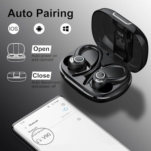 Wireless Earbuds Bluetooth 5.3 Headphones Sports, Bluetooth Earbuds with ENC Mic, Stereo Bass Over Ear Bud with Earhooks, LED Display, IP7 Waterproof Earphon for Workout