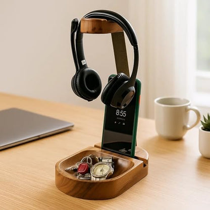 Headphone & Phone Stand, Dual Acacia Wood Holder with Tray, Desk Organizer | Solid wood headset & phone stand with tray for gaming & home office desks, universal fit for most headphones & cell phones - style: Wooden Headset Cell Phone Holder