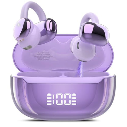 Open Ear Earbuds Wireless Clip on Headphones Bluetooth 5.4 Ear Buds with DNN Noise Cancelling, 48H Playtime, Low Latency, Fashion Design, Secure Fit, Clear Sound for Music & Calls (Purple) - color: Purple