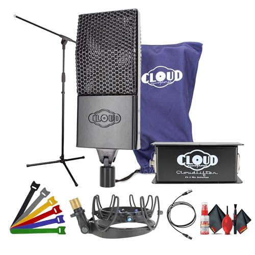 Cloud Microphones 44 Midnight Passive Ribbon Microphone with Cloudlifter CL-1 Activator for Professional Voice/Music Recording + U1 Universal Shock Mount + Tripod Boom Adjustable Floor Stand + More