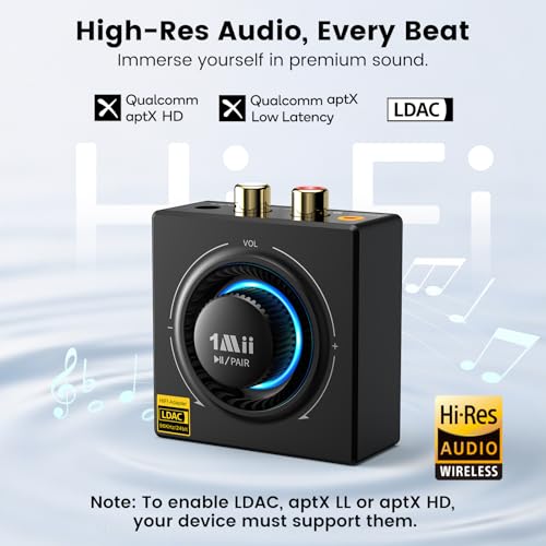 1Mii B06T3+ Bluetooth Receiver with LDAC for Home Stereo, Wired Speakers | Hi-Res Wireless Audio Adapter with aptX Low Latency & HD, Knob Volume Control, RCA/3.5mm AUX for Music Streaming