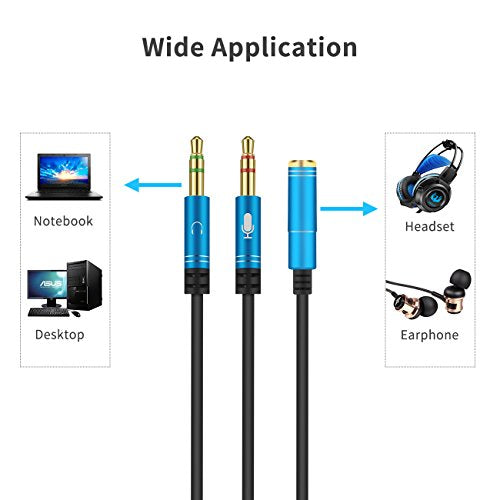 Headphone Splitter for Computer 3.5mm Female to 2 Dual 3.5mm Male Headphone Mic Audio Y Splitter Cable Smartphone Headset to PC Adapter (100CM, Blue) - color: Blue, size: 100CM