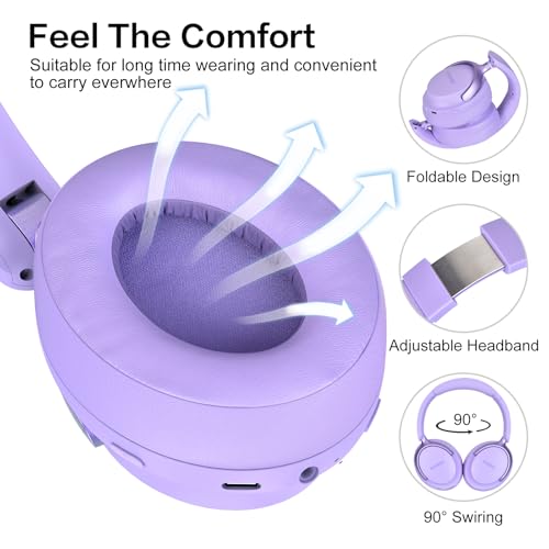 B8 Bluetooth Headphones Over Ear, 6 EQ Music Modes and 50H Playtime Deep Bass Wireless Headphones with Mic, Lightweight Folding HiFi Stereo Headset for iPad/Travel/Tablet/PC/Home Purple - color: Purple