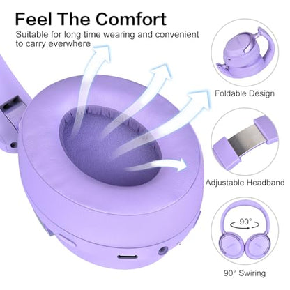 B8 Bluetooth Headphones Over Ear, 6 EQ Music Modes and 50H Playtime Deep Bass Wireless Headphones with Mic, Lightweight Folding HiFi Stereo Headset for iPad/Travel/Tablet/PC/Home Purple - color: Purple