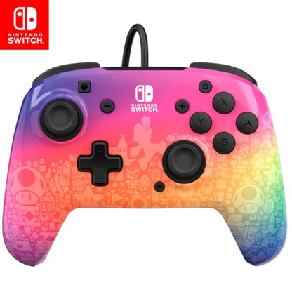 PDP REMATCH Enhanced Wired Controller, Officially Licensed for Nintendo Switch, Switch Lite & Switch - OLED Model, Nintendo Switch 2, Compatible Gamepad, Customizable Programmable Buttons, Super Mario Star Spectrum (Rainbow) - color: Star Spectrum
