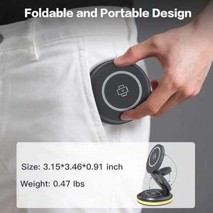 ZealSound 3-in-1 Foldable Magnetic Wireless Charger Stand, 15W Fast Charging Station with 30W Adapter and Warm Night Light for iPhone 17/16/15/14/13/12, Apple Watch & AirPods, for Home Office & Travel - color: Grey