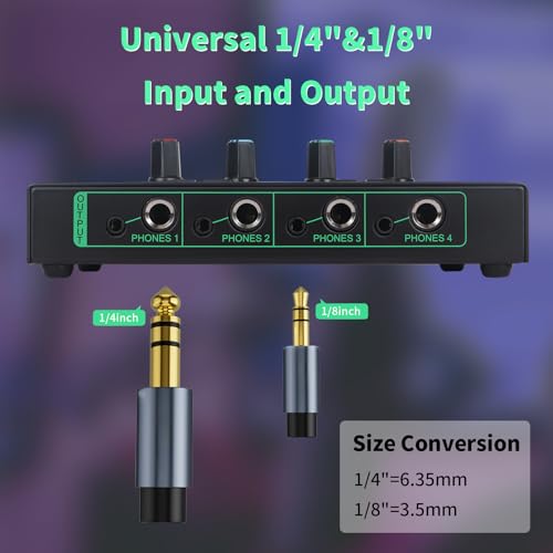 Horse Headphone Amp Amplifier, 4-Channel Metal Stereo Audio Amplifier, Mini Earphone Splitter, 1/4" 1/8" TRS/TS Audio Input and Output for Music Studio, DC 12V(Green&Black) - color: Green&Black(4-Channel)