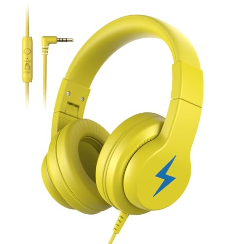 Candy Bila Wired Kids Headphones with Microphone, 85dB Safe Volume | Volume Limiter 85/94dB, HD Stereo Sound, Microphone and Wired Control,Foldable Design, Yellow - color: Yellow