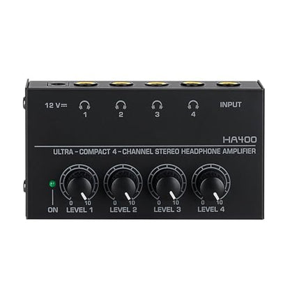 DC 12V 4-CH Stereo Headphone Audio Amplifier with 6.35MM Outputs Lossless Sound Independent Volume Control