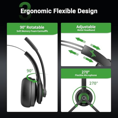 Bluetooth Wireless Headset with Mic for Work, Bluetooth 5.2, Advanced Noise Reduction Microphone, Clear Calls - Comfortable On-Ear Headphones, Applicable to PC, Laptop, Phone, Android, Zoom, Office - color: Black Green