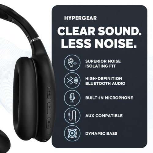 HyperGear Over-Ear Headphones - Wireless Bluetooth Headphones with Noise Isolation, Built-in Mic, Soft Memory Foam Cups for All-Day Comfort, Black - color: Black