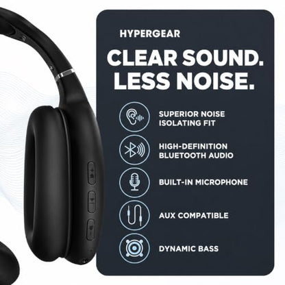 HyperGear Over-Ear Headphones - Wireless Bluetooth Headphones with Noise Isolation, Built-in Mic, Soft Memory Foam Cups for All-Day Comfort, Black - color: Black