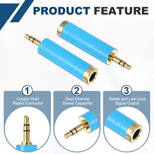 MECCANIXITY 2Pcs TRS 3.5mm Male to 6.35mm Female 1/8" Plug to 1/4" Blue | Stereo Headphone Adapter, Jack, Audio Converter, Pure Copper, Gold Plated, for Guitars Speakers Laptops - color: Blue