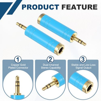 MECCANIXITY 2Pcs TRS 3.5mm Male to 6.35mm Female 1/8" Plug to 1/4" Blue | Stereo Headphone Adapter, Jack, Audio Converter, Pure Copper, Gold Plated, for Guitars Speakers Laptops - color: Blue