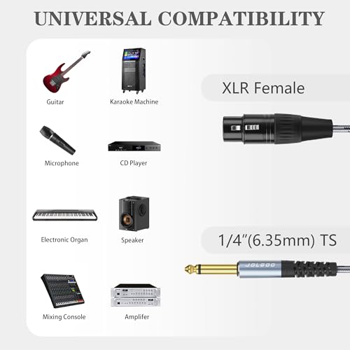 JOLGOO XLR Female to 1/4" 6.35mm Mono TS Cable, Unbalanced XLR Female to 1/4" TS Plug Microphone Cable, 15 Feet / 5m - size: 15 Feet, style: XLR Female to 1/4 TS Male