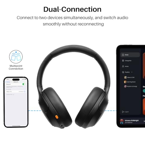 TOZO HT3 Hybrid Noise Cancelling Wireless Headphones, 90H Over Ear Headset | Hi Res Audio, AI Voice Assistant, Dual Device Connection, 32 Custom EQs, Built In 5 Mics, ANC, Foldable, Bluetooth 6.0 - color: Titanium Black