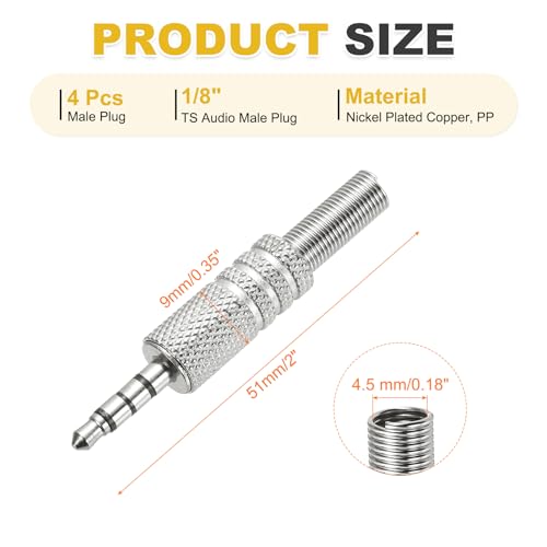 MECCANIXITY 4 Pcs 1/8" TRRS Audio Male Plug, 3.5mm Jack Plug Adapter Replacement, 4 Pole Solder Jack Cable Connector for Speaker Microphone Guitar (Carved Style, Silver Tone)