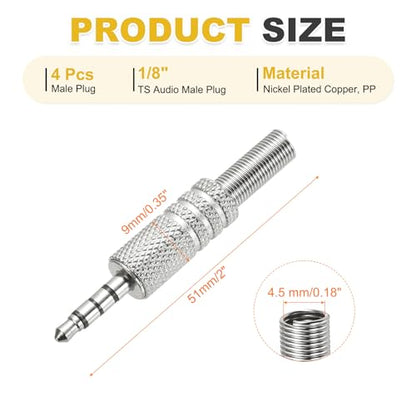 MECCANIXITY 4 Pcs 1/8" TRRS Audio Male Plug, 3.5mm Jack Plug Adapter Replacement, 4 Pole Solder Jack Cable Connector for Speaker Microphone Guitar (Carved Style, Silver Tone)